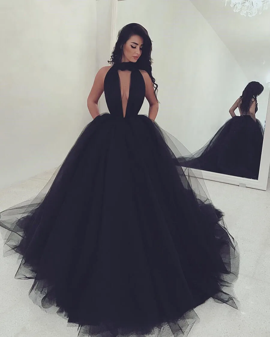 A-line Halter Black Tulle Evening Modest Long Prom Dresses