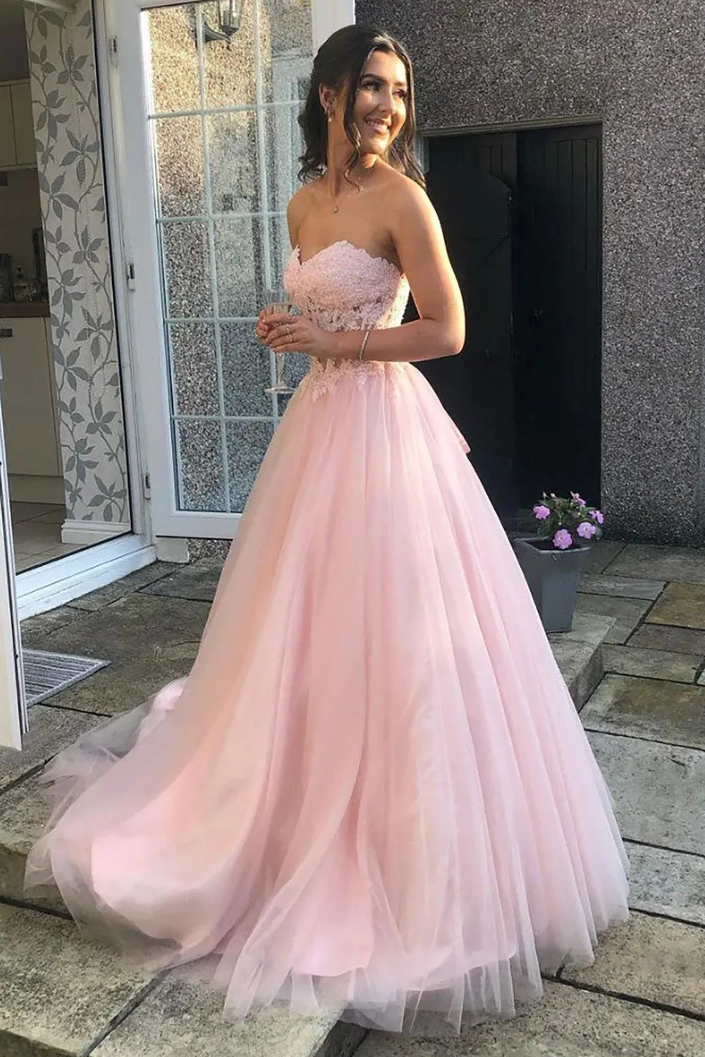 A Line Sweetheart Pink Corset Prom Dress with Appliques