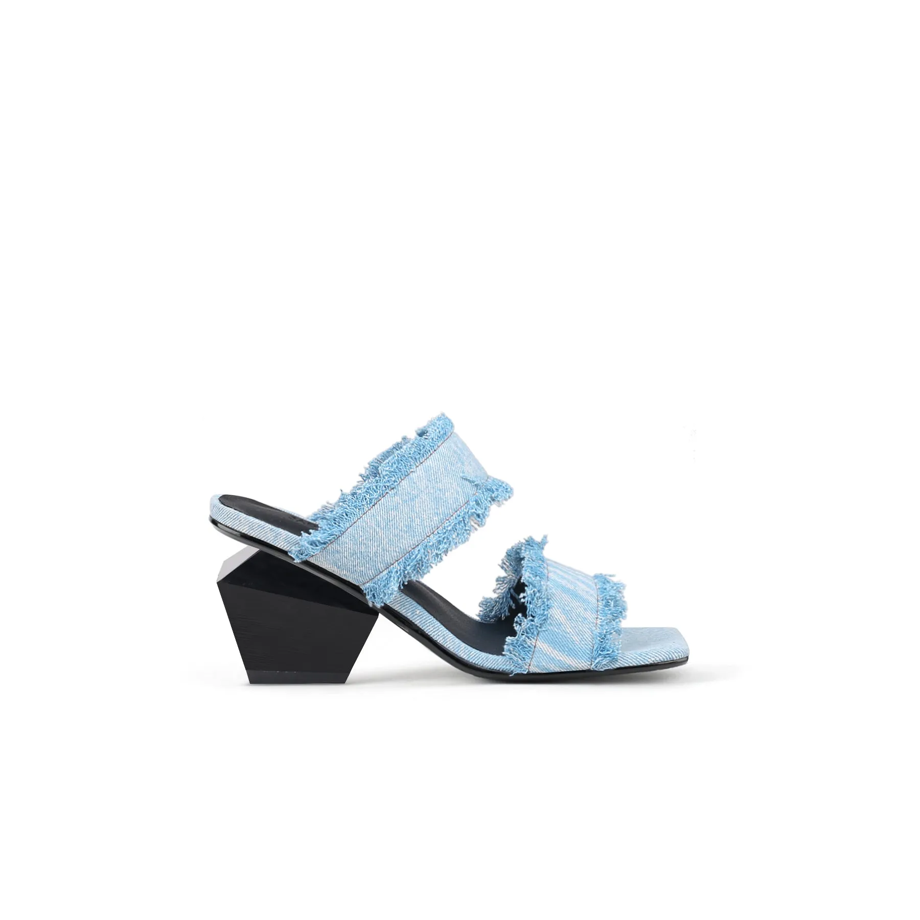 Double Strap Fringed Denim Square Toe Mules