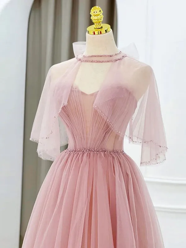 Lovely Pink Tulle Beaded Long Prom Dress with Cape, Pink  Long Party Dress