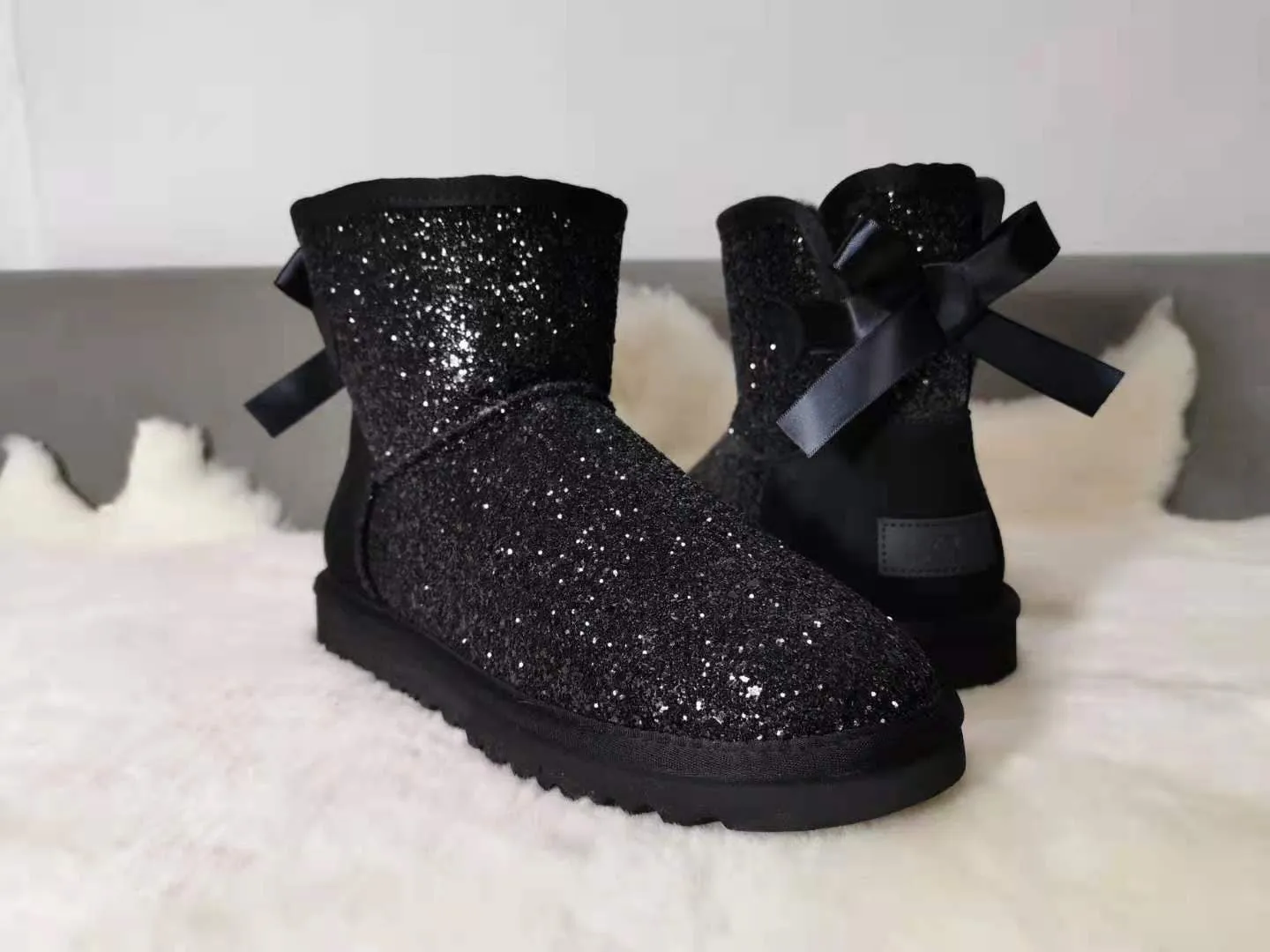 New**Super Bling and Sparkly SheepSkin Wool BOOTS w shinning glitter Bailey bow boots