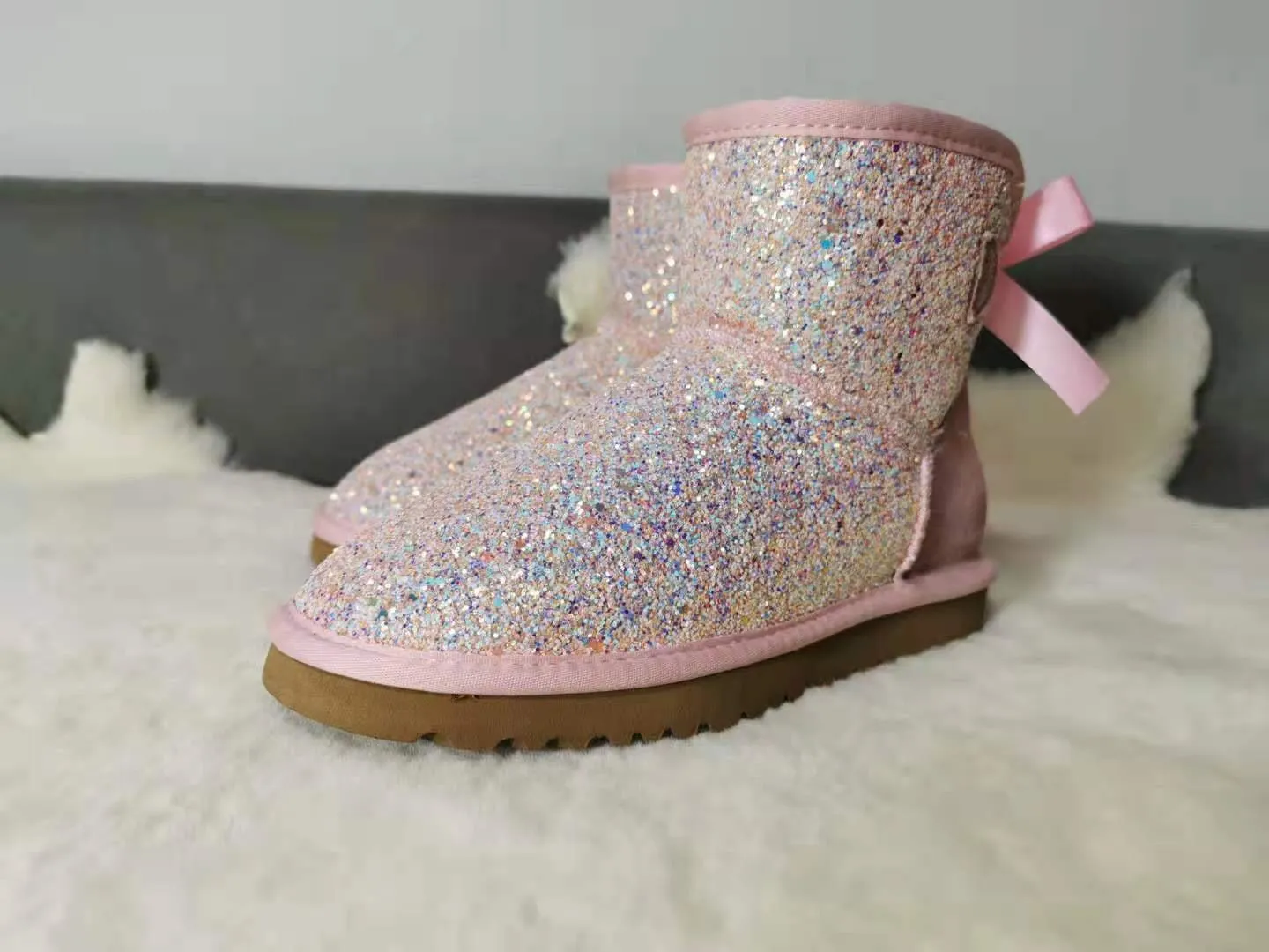 New**Super Bling and Sparkly SheepSkin Wool BOOTS w shinning glitter Bailey bow boots