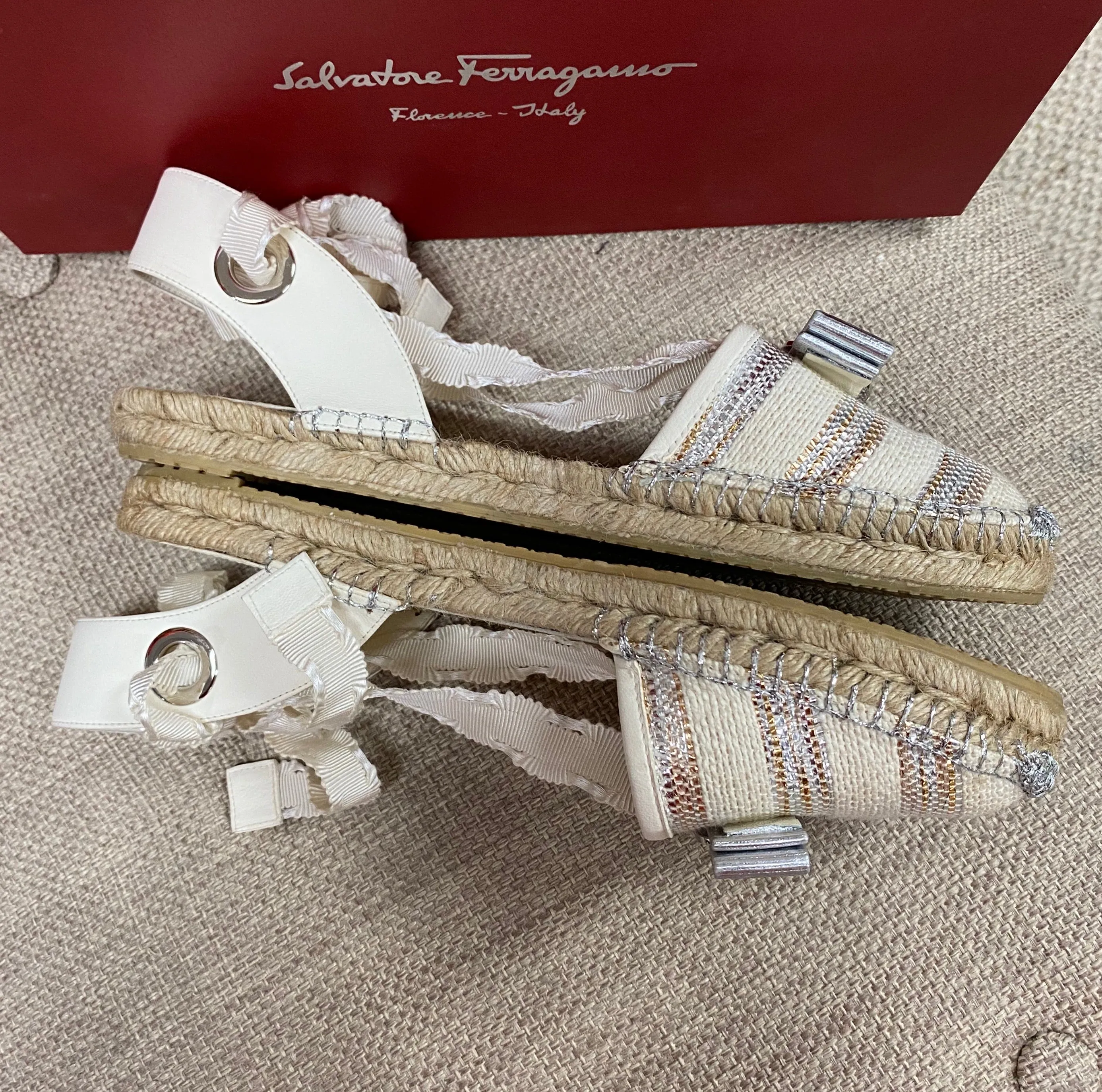 Salvatore Ferragamo Eileen Cream and Silver Espadrilles