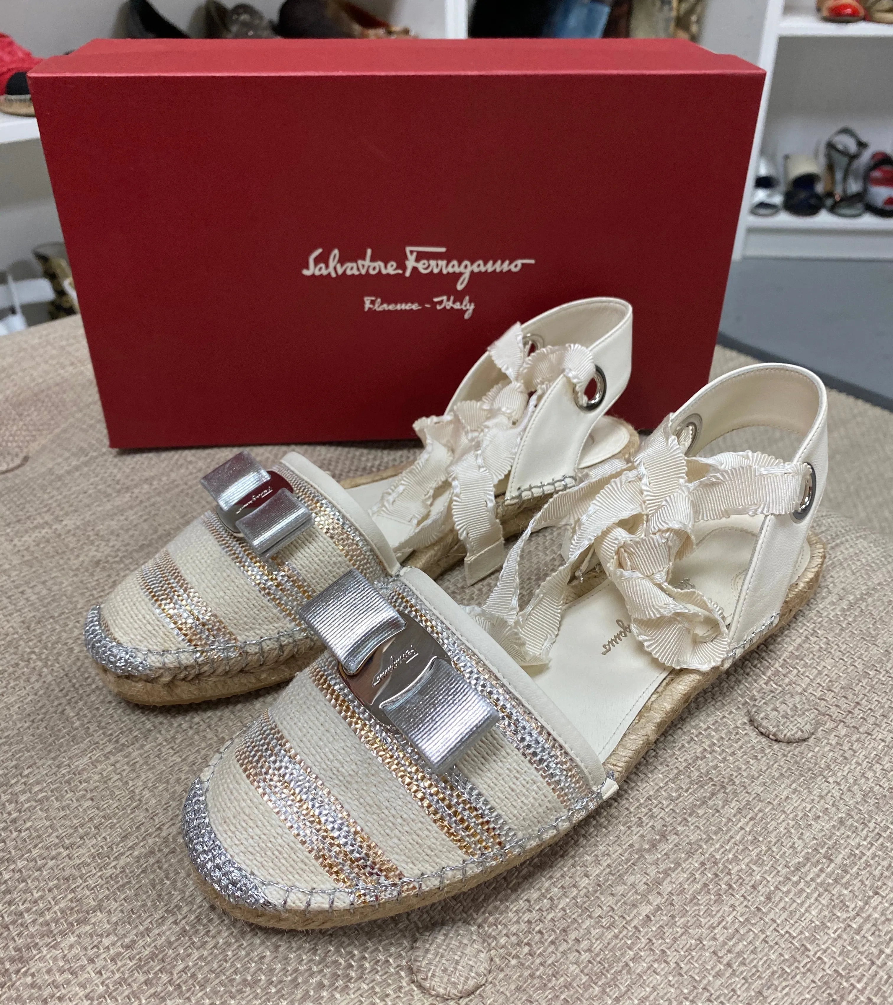 Salvatore Ferragamo Eileen Cream and Silver Espadrilles