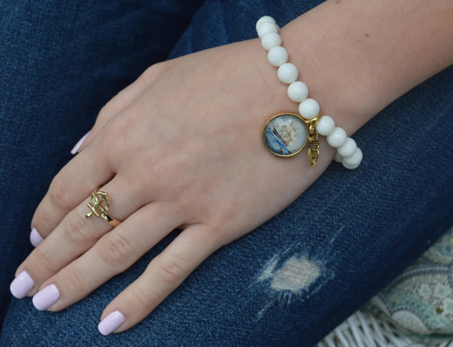 Vintage Ship SemiPrecious Beaded Charm Bracelet